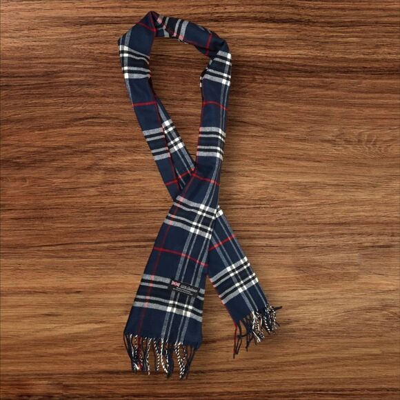 Navy Blue Plaid100% Genuine Cashmere Scarf NWT - Picture 1 of 3